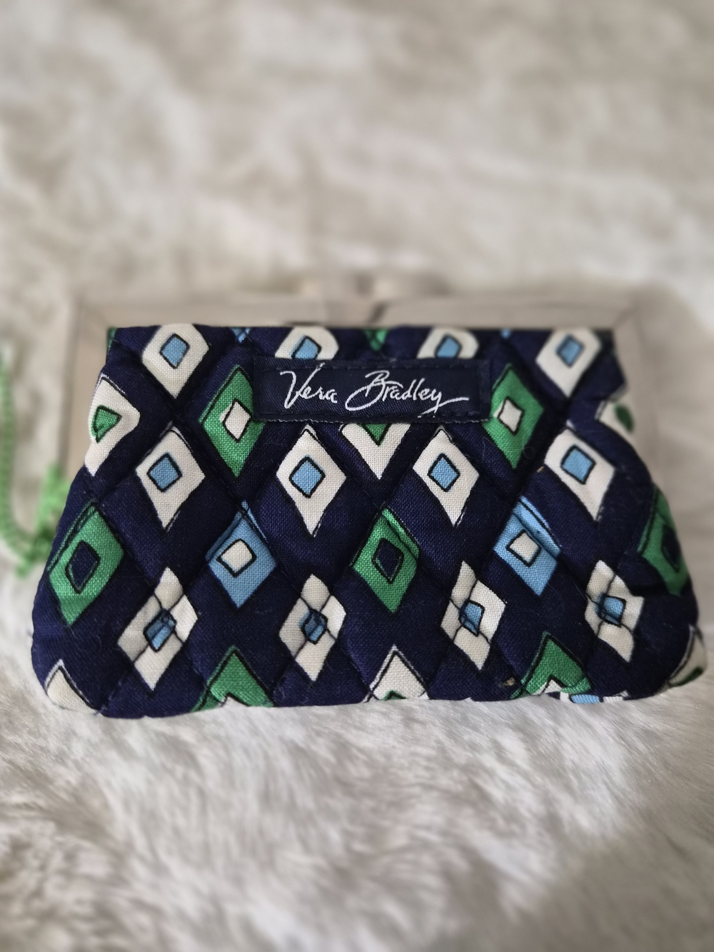 Vera Bradley Quilted Kisslock Diamond Print Coin Purse- Navy, Green, Light Blue